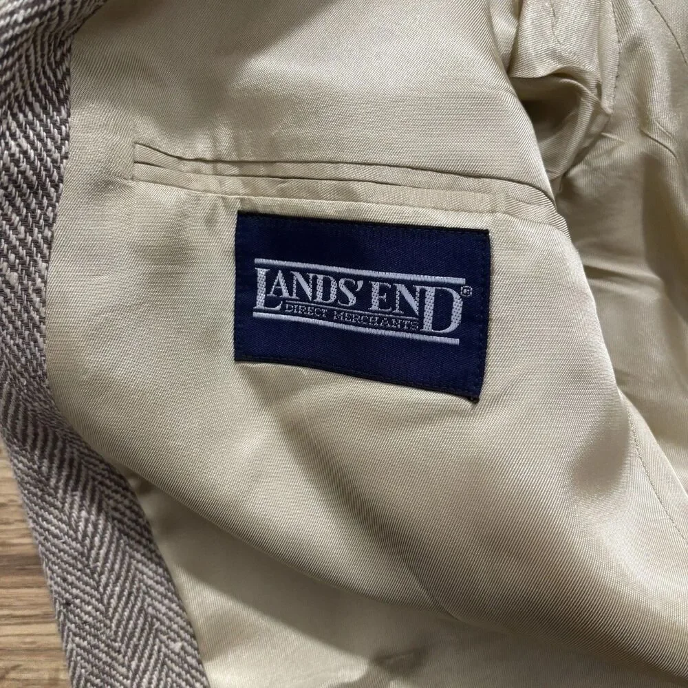 Lands End Blazer Men’s 44R Brown 100% Silk Herringbone Sport Coat Jacket